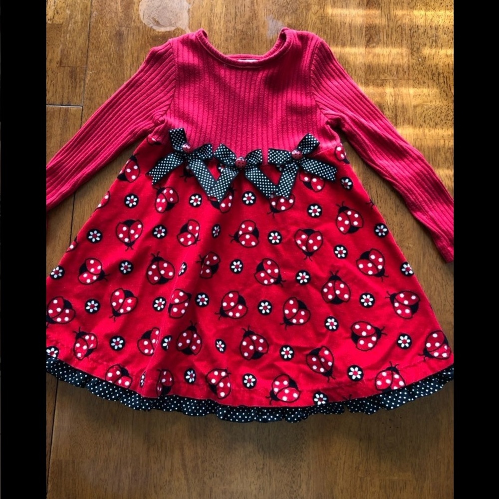 Charming Red Kids Dress with Bow Accents and lady bug buttons